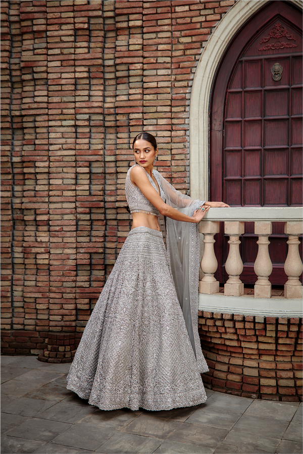 Silver Grey Tulle Lehenga Set