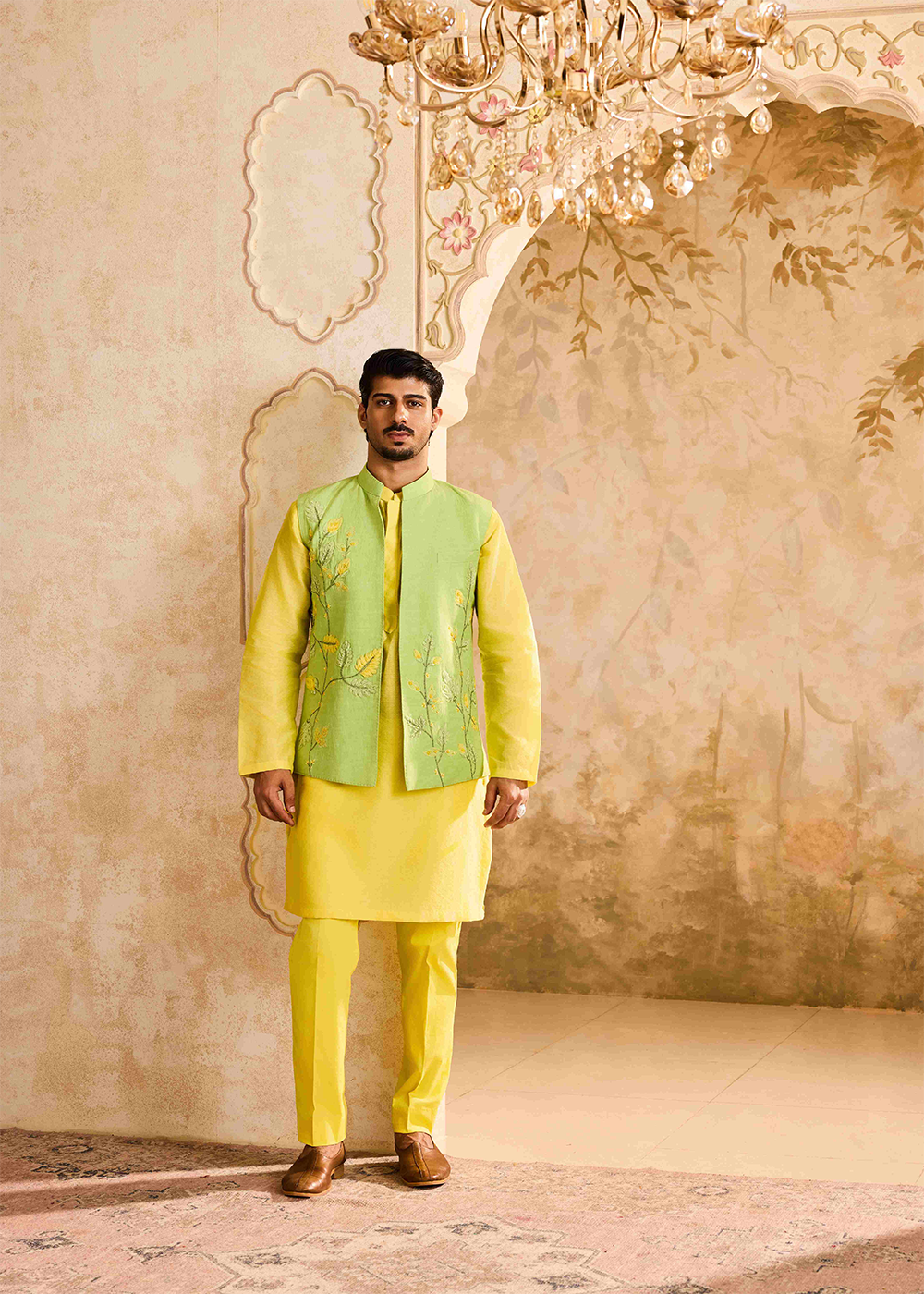 Green Yellow Bundi Floral Kurta Pant
