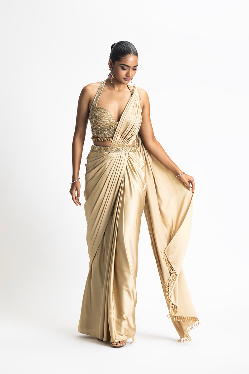 GOLD SATIN PRE DRAPED SAREE 3XL