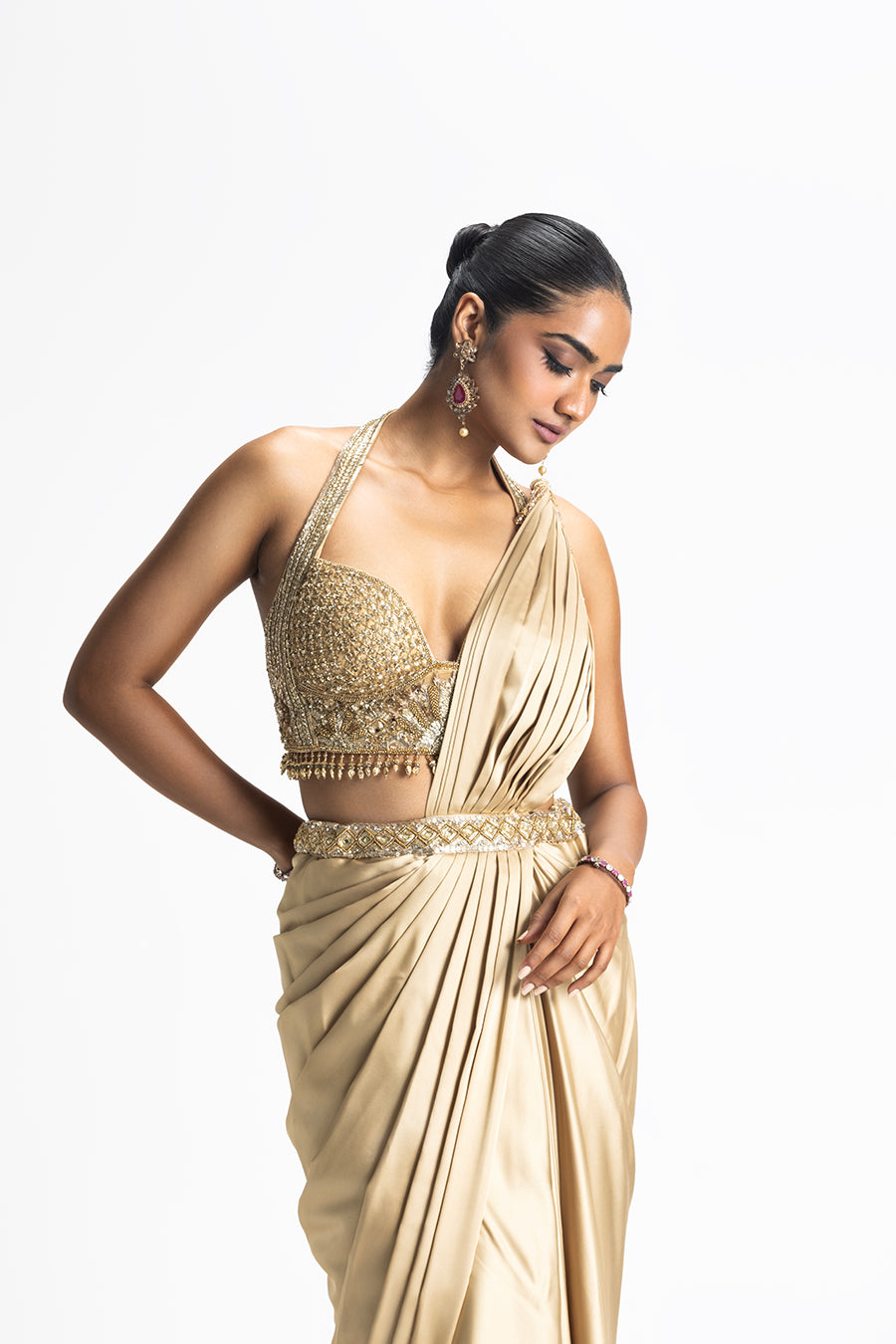 GOLD SATIN PRE DRAPED SAREE 3XL