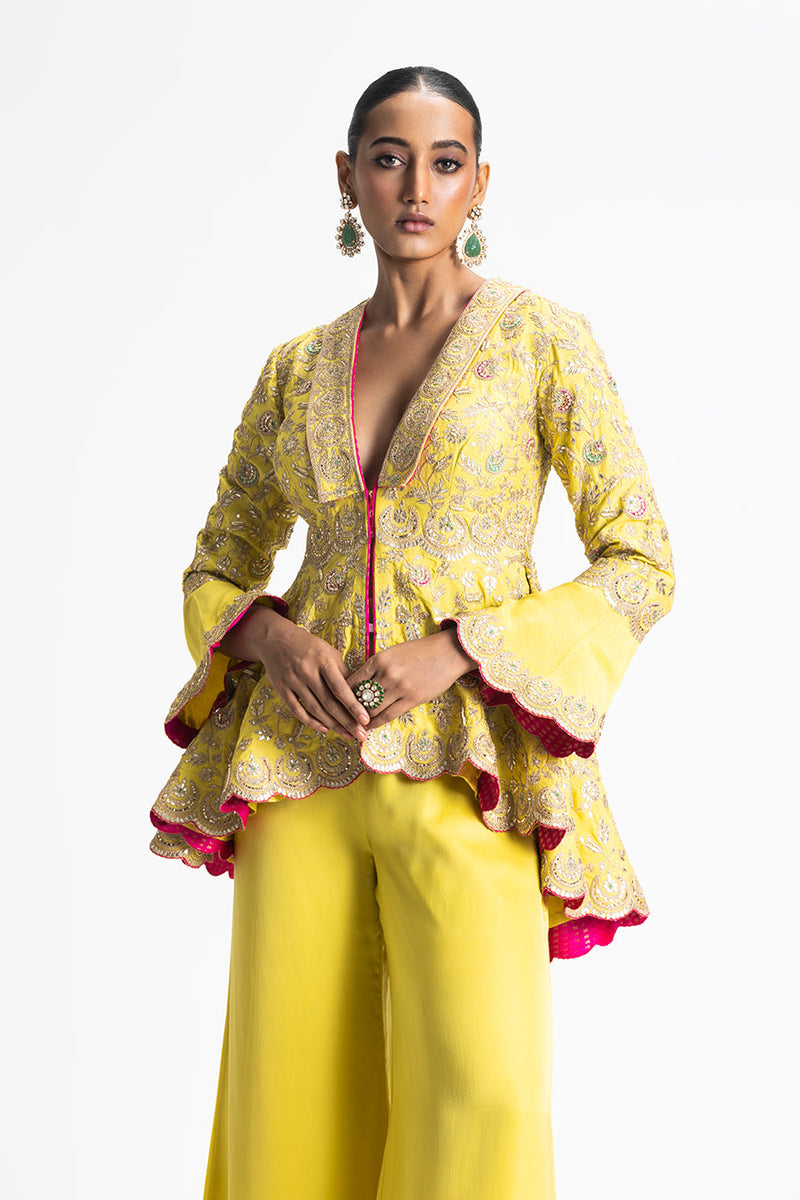 MEHNDI YELLOW JACKET TROUSER SET
