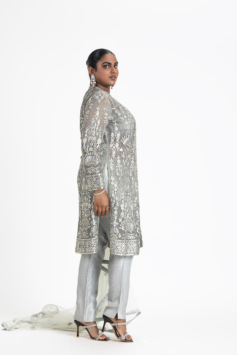 GREY NET JACKET AND DUPATTA WITH BUSTIER AND TROUSER