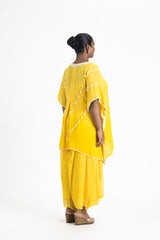 YELLOW GEORGETTE TUNIC WITH PRINTED GEORGETTE COWL SALWAR