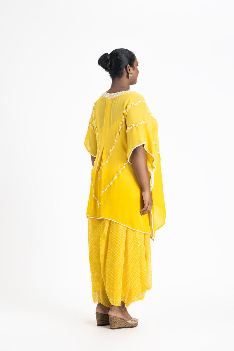 YELLOW GEORGETTE TUNIC WITH PRINTED GEORGETTE COWL SALWAR