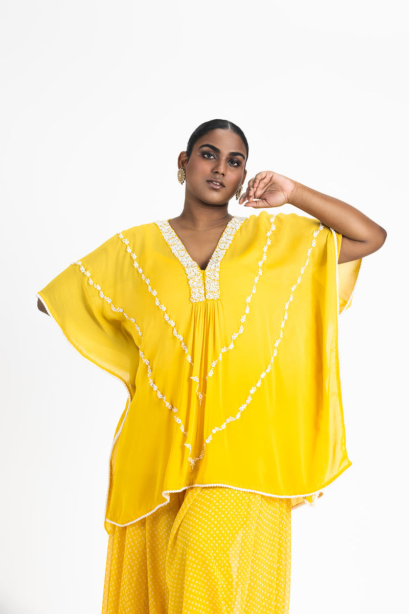 YELLOW GEORGETTE TUNIC WITH PRINTED GEORGETTE COWL SALWAR