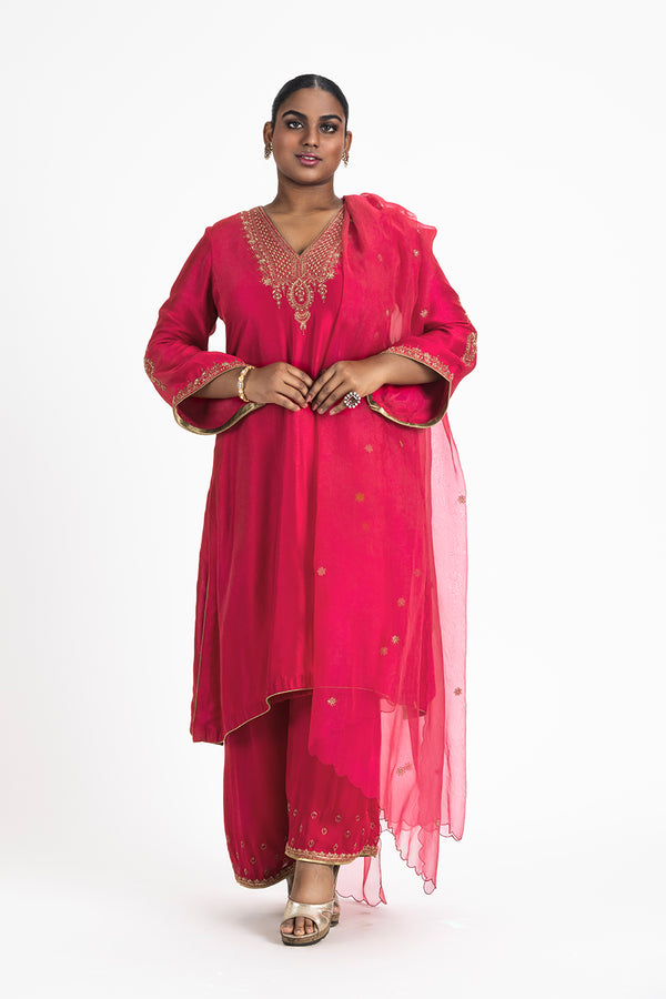 RED DUPION KURTA WITH SATIN PALAZO