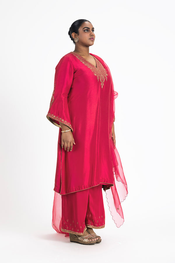 RED DUPION KURTA WITH SATIN PALAZO