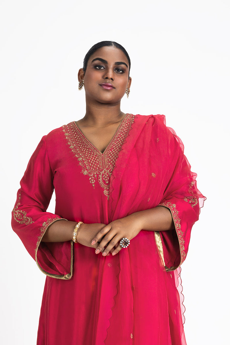 RED DUPION KURTA WITH SATIN PALAZO