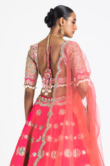 CORAL PINK RAW SILK EMBROIDERED LEHENGA SET