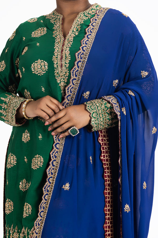 GREEN RAW SILK KURTA AND PALAZZO WITH BLUE DUPATTA