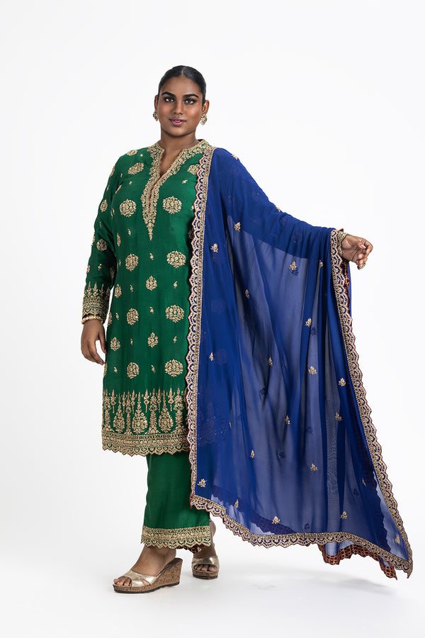 GREEN RAW SILK KURTA AND PALAZZO WITH BLUE DUPATTA