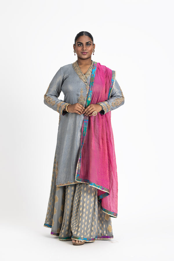 GREY ANGRAKHA STYLE KURTA WITH PANNELED SHARARA AND TISSUE DUPATTA