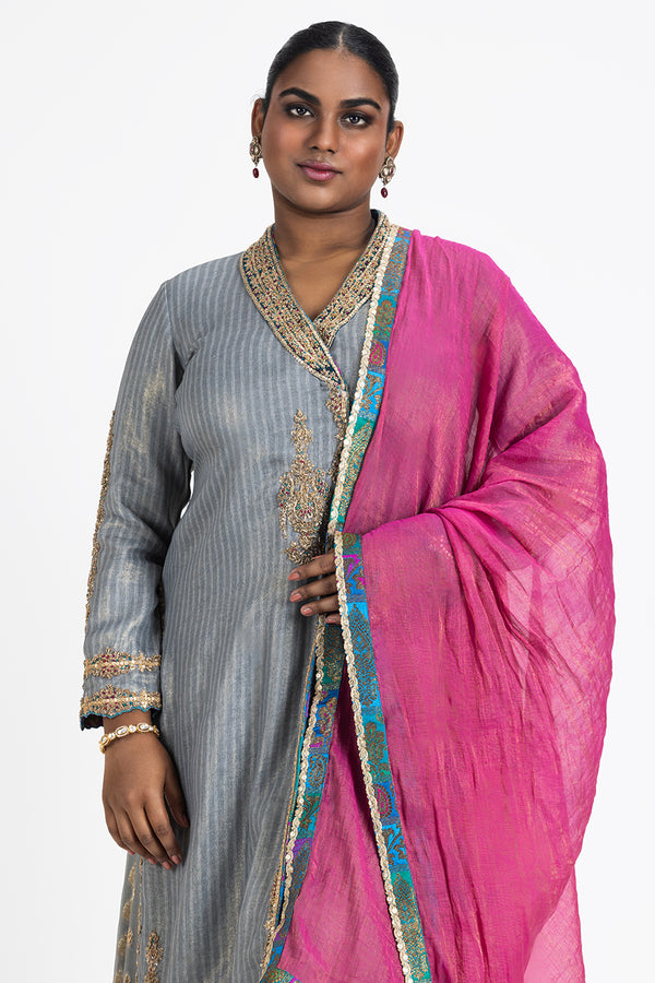 GREY ANGRAKHA STYLE KURTA WITH PANNELED SHARARA AND TISSUE DUPATTA