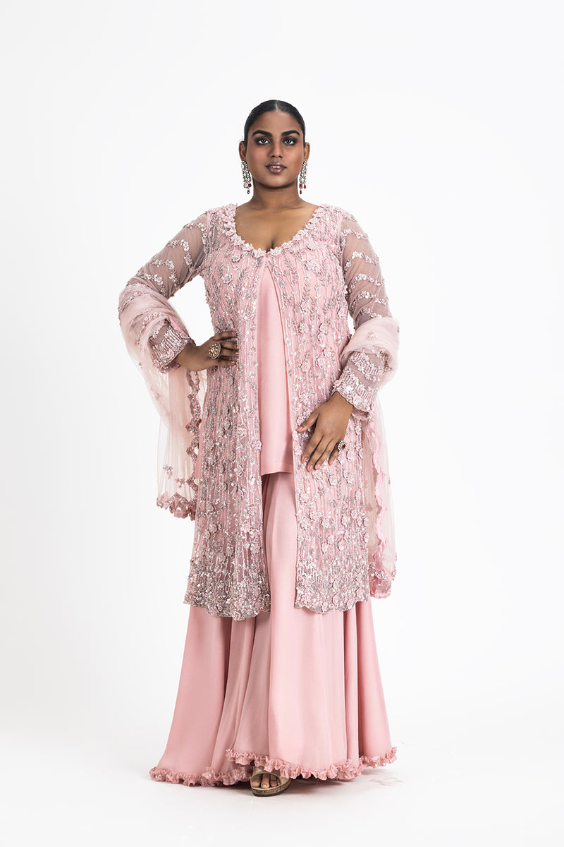 ROSE PINK NET JACKETAND DUPATTA WITH GEORGETTE SLIP AND SHARARA