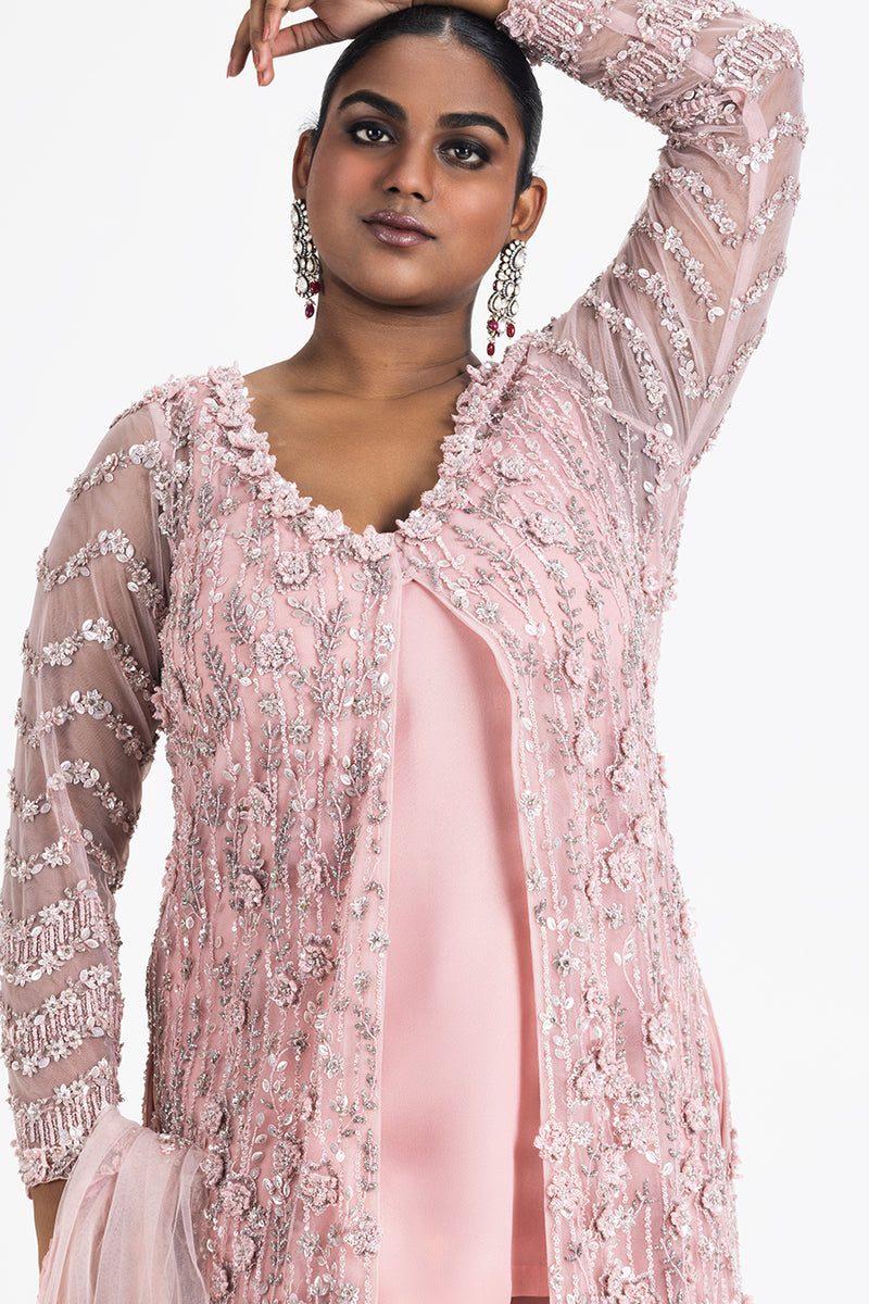 ROSE PINK NET JACKETAND DUPATTA WITH GEORGETTE SLIP AND SHARARA