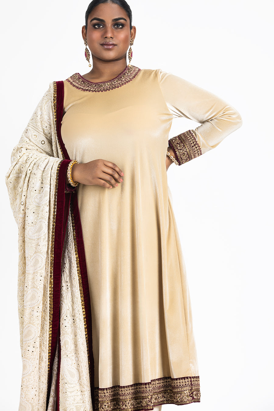 BEIGE VELVET KURTA PALAZZO WITH CHIKANKARI DUPATTA