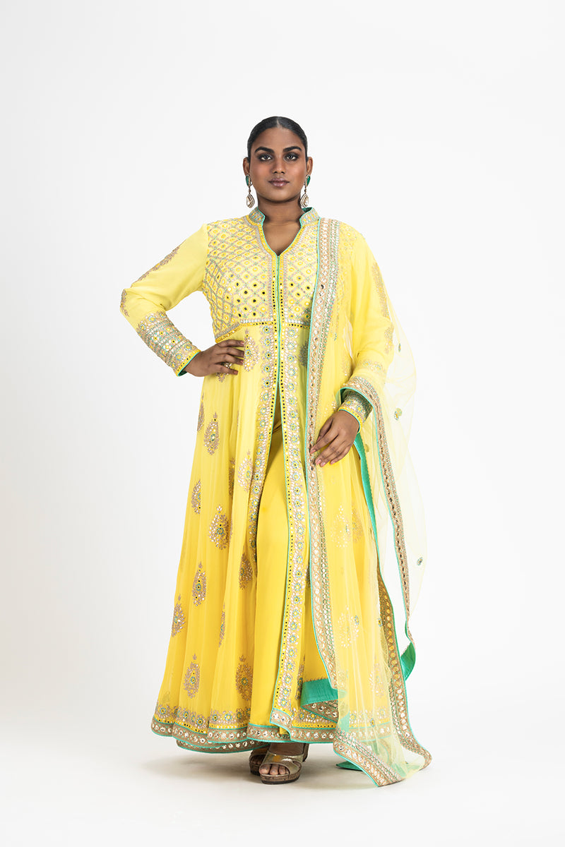 YELLOW OMBRE GEORGETTE KALIDAR JACKET AND SHARARA SET