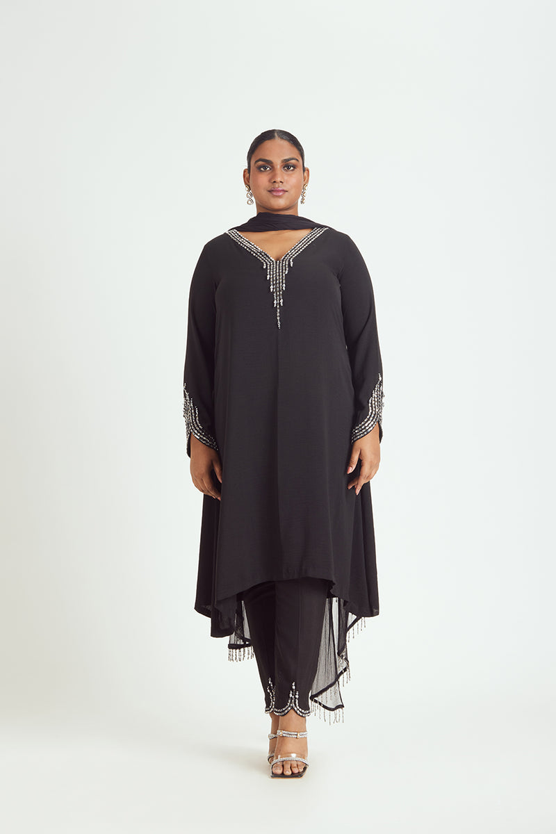 BLACK SATIN KURTA AND TROUSER SET