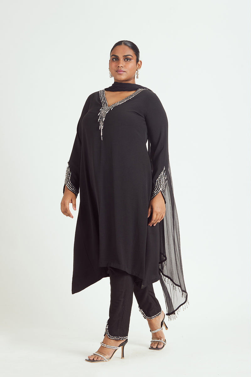 BLACK SATIN KURTA AND TROUSER SET