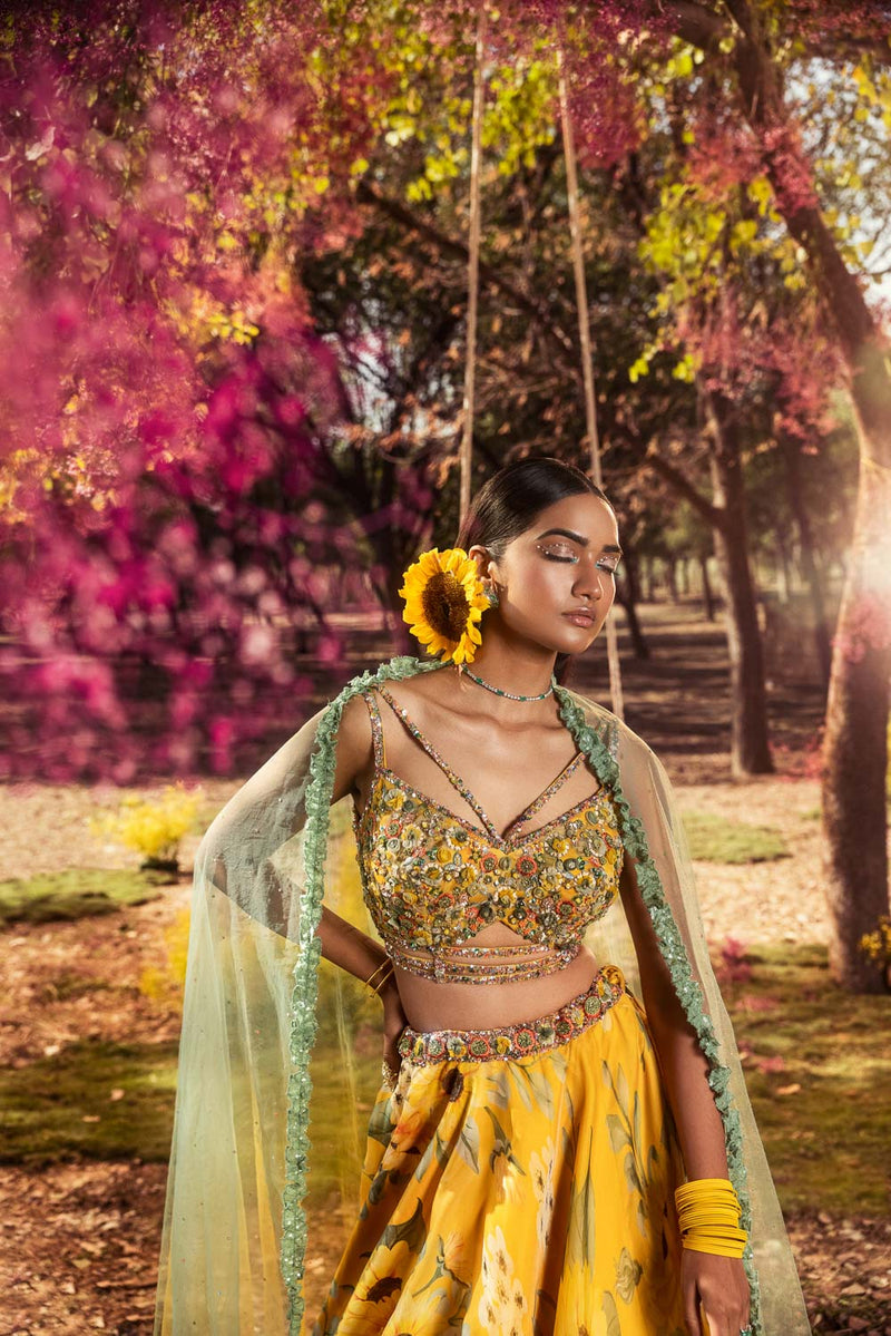 Yellow Sunflower Printed Organza Lehenga