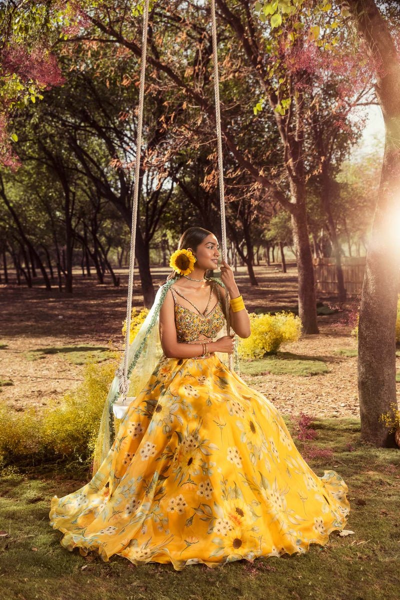 Yellow Sunflower Printed Organza Lehenga