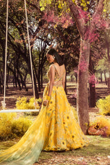Yellow Sunflower Printed Organza Lehenga