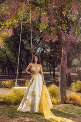 Off White Sunflower Lehenga Set With Belt
