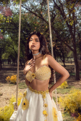 Off White Sunflower Lehenga Set With Belt