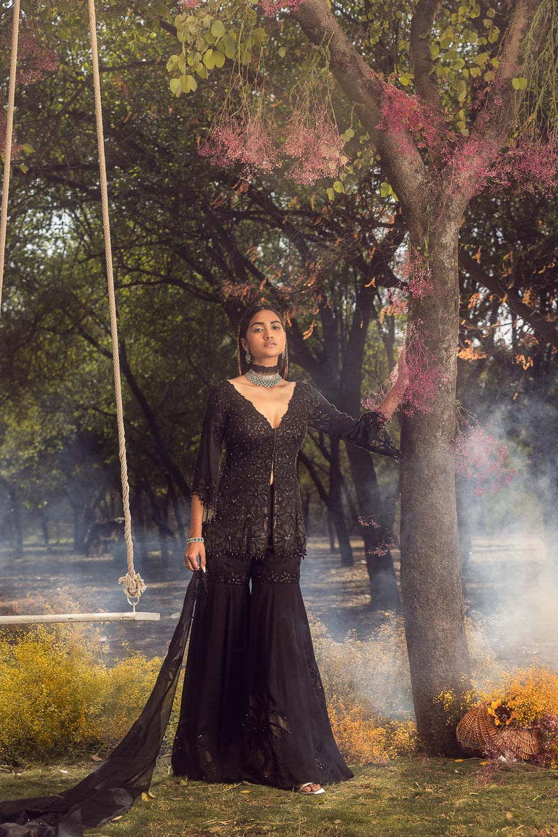 Black Nude Peplum Garara Set With Bustier