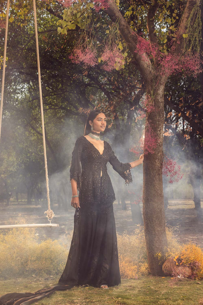 Black Nude Peplum Garara Set With Bustier