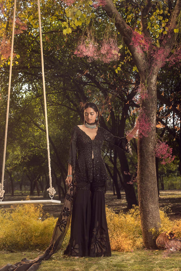 Black Nude Peplum Garara Set With Bustier