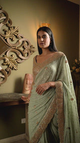 Jade Green Chiffon Booti Saree