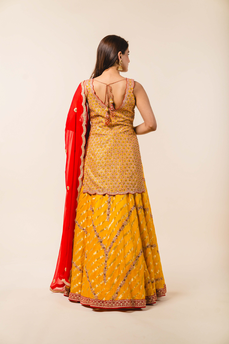 Mustard Georgette Shirt With Benarsi Lehenga Set