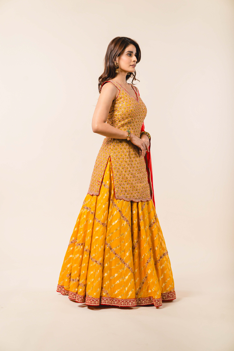Mustard Georgette Shirt With Benarsi Lehenga Set