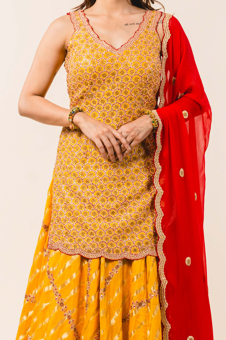 Mustard Georgette Shirt With Benarsi Lehenga Set