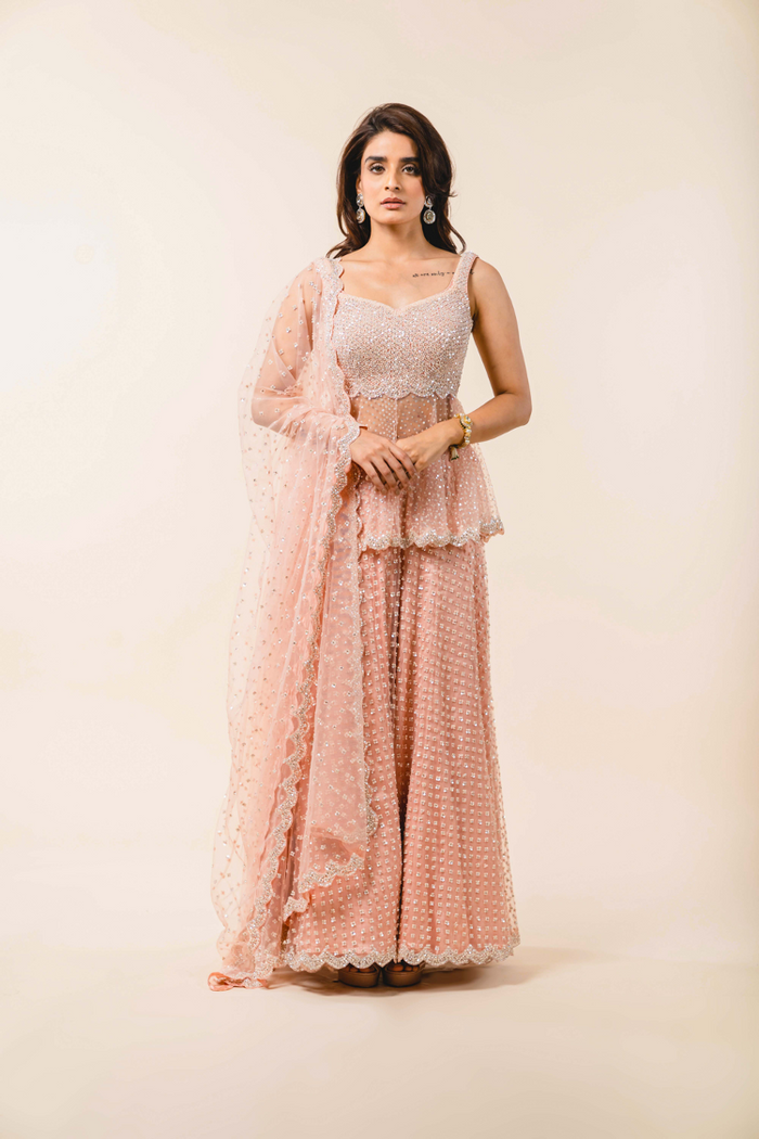 Soft Rose Pink Tulle Peplum Sharara Set – Nitika Gujral