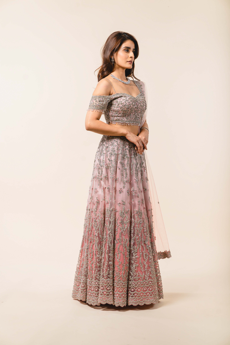 Rose Pink Ombré Tulle Lehenga Choli Set