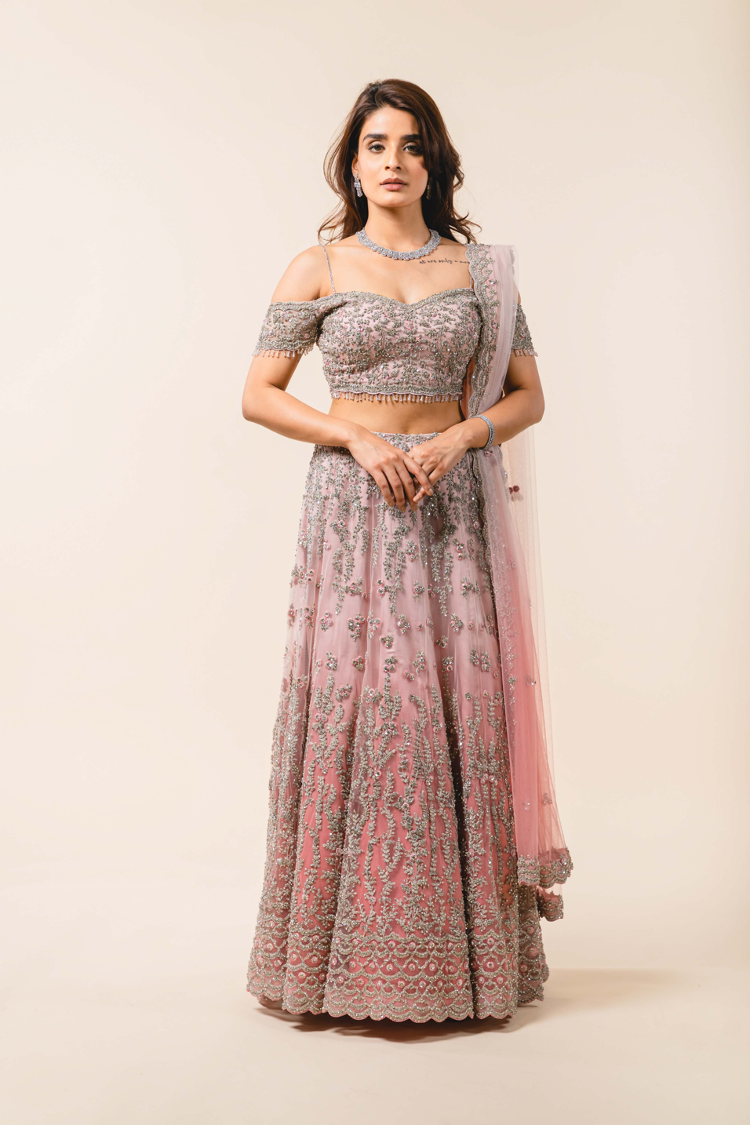 Rose Pink Ombré Tulle Lehenga Choli Set