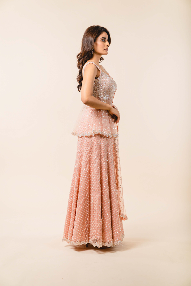 Soft Rose Pink Tulle Peplum Sharara Set