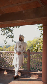 Cream Matka Achkan with Monga Kurta and Churidar