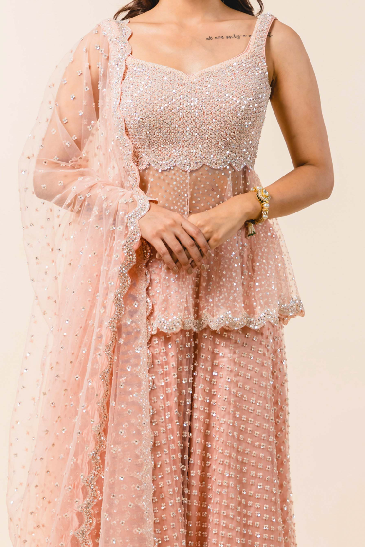 Soft Rose Pink Tulle Peplum Sharara Set