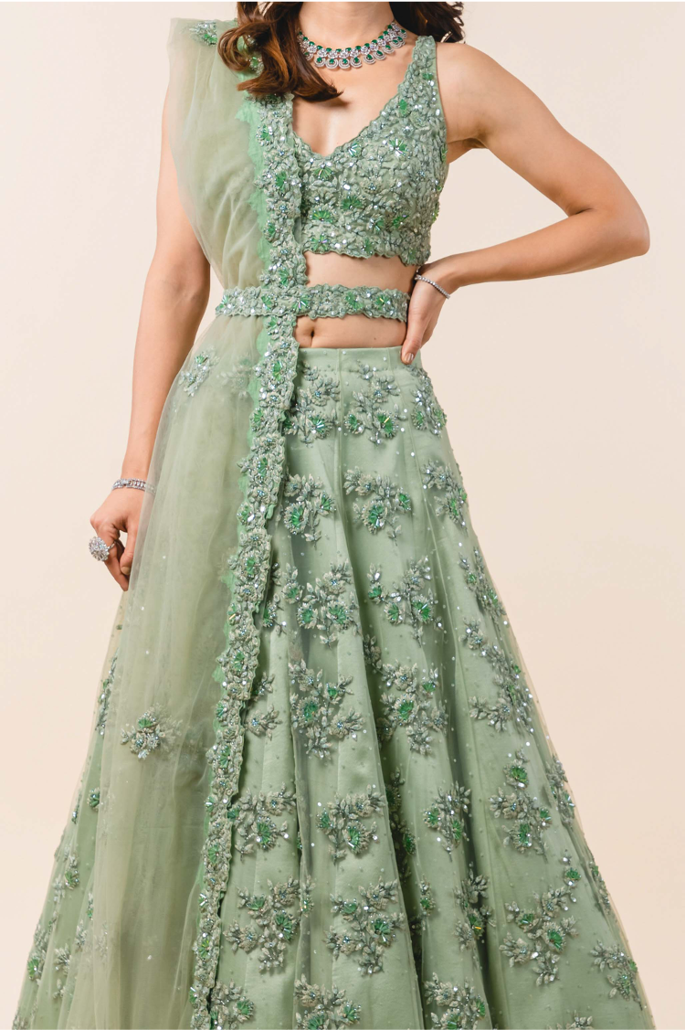 Sage Green Tulle Lehenga Choli Set