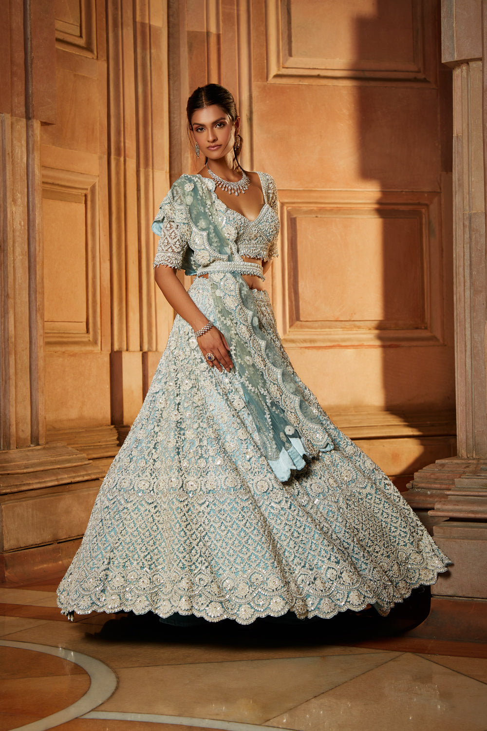 Aqua Ombré Tulle Lehenga Choli Dupatta Set