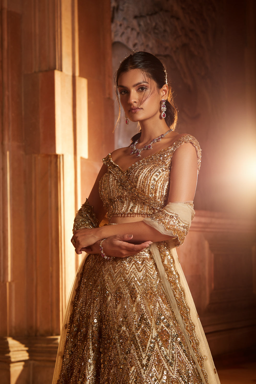 Champagne Gold Tulle Lehenga Choli Dupatta Set with Worked Belt