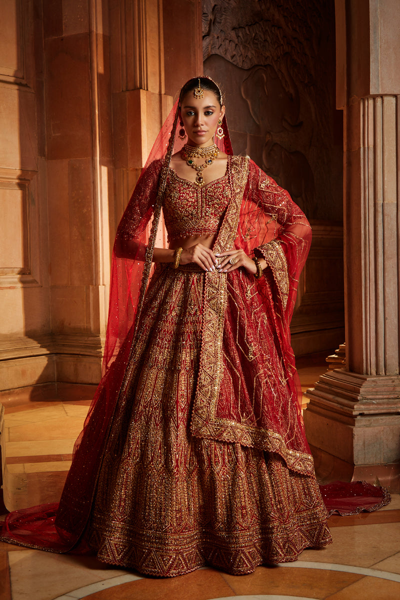 Designer Scarlet Red Bridal Lehenga Set by Aari Tari Online