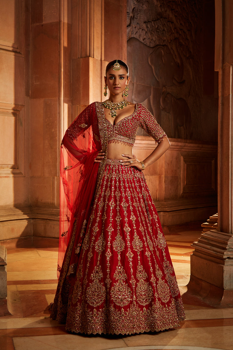 fitted lace wedding dress Sheena Red and Gold Bridal Lehenga Set M / 43