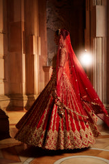 Deep Red Raw Silk Lehenga with Gold Choli and Tulle Dupatta