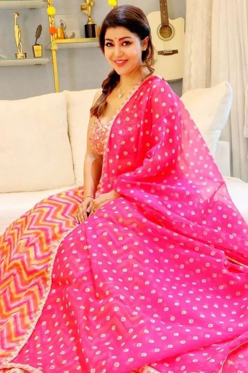 Devoleena in Coral Organza Printed Lehenga Choli Set