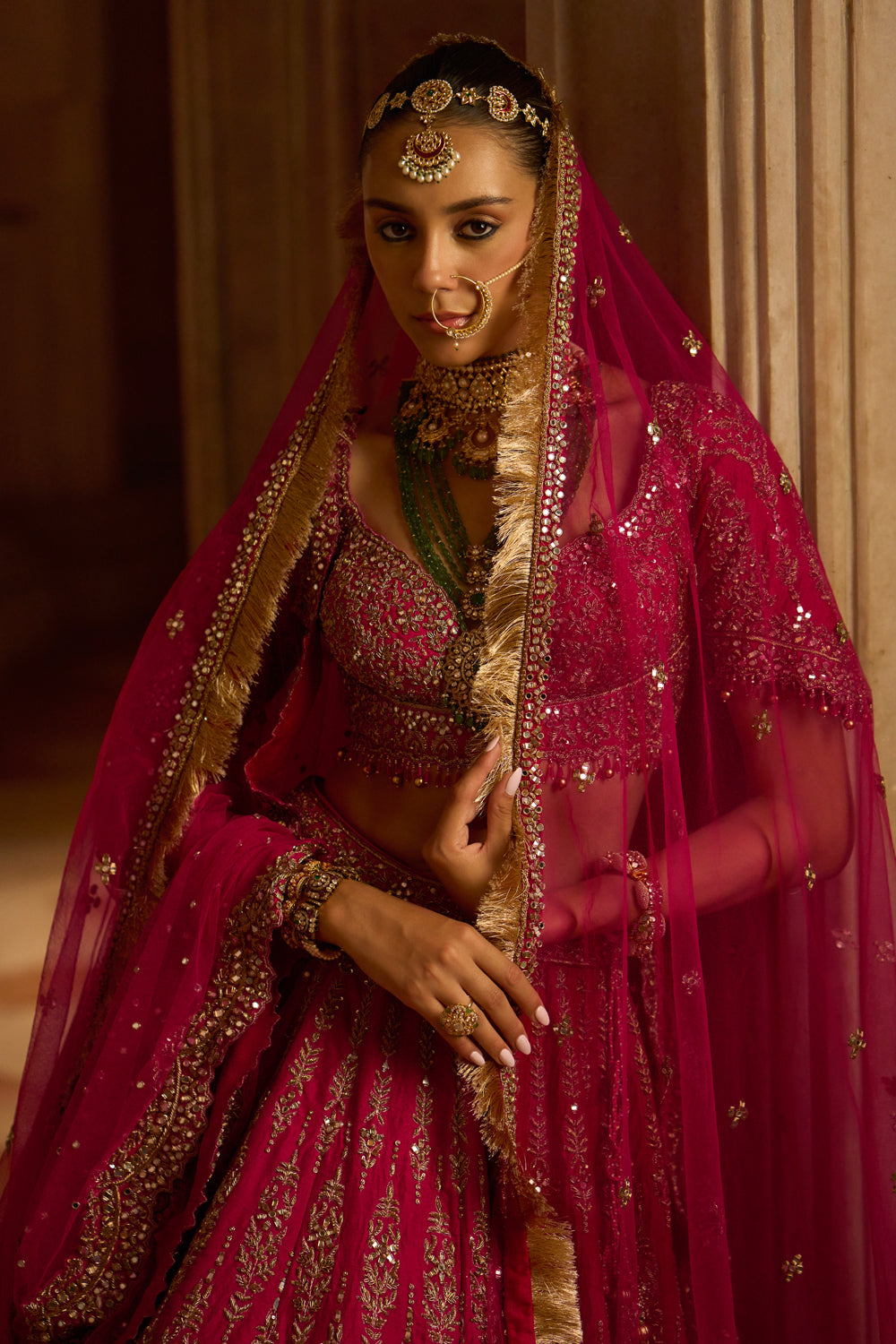 Fuchsia Red  Raw Silk Bridal Lehenga Choli with a Tulle Dupatta and an Optional Second Tulle Dupatta