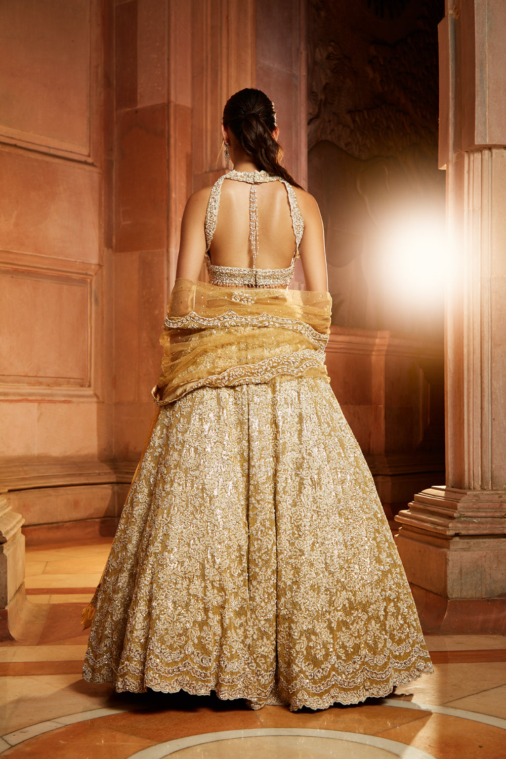 Gold Tulle Lehenga Choli Dupatta Set with Worked Belt